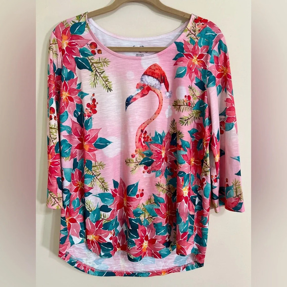 Coral Bay Tops - CORAL BAY Tropical Christmas Flamingo Bedazzled Blouse Coastal  Size XL